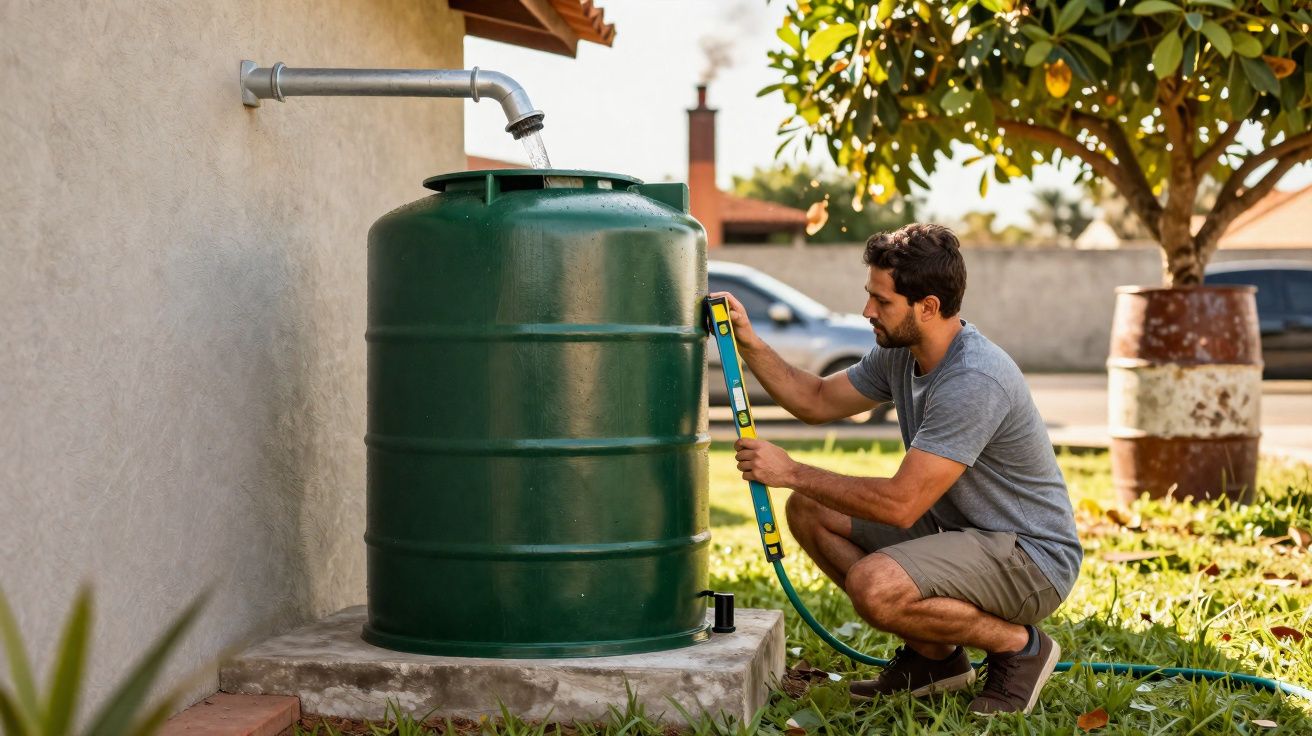 Homem verificando nivel de tambor verde para coleta de água da chuva em jardim residencial.