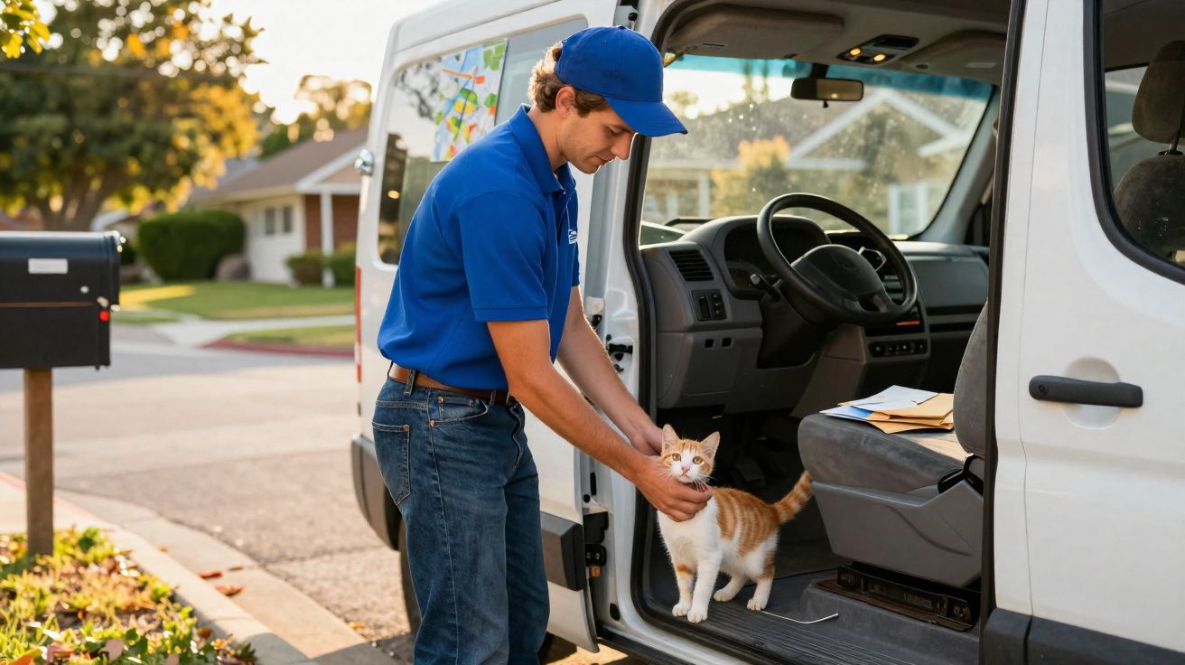 Entregador de uniforme azul acaricia gato branco e laranja próximo à van branca estacionada.