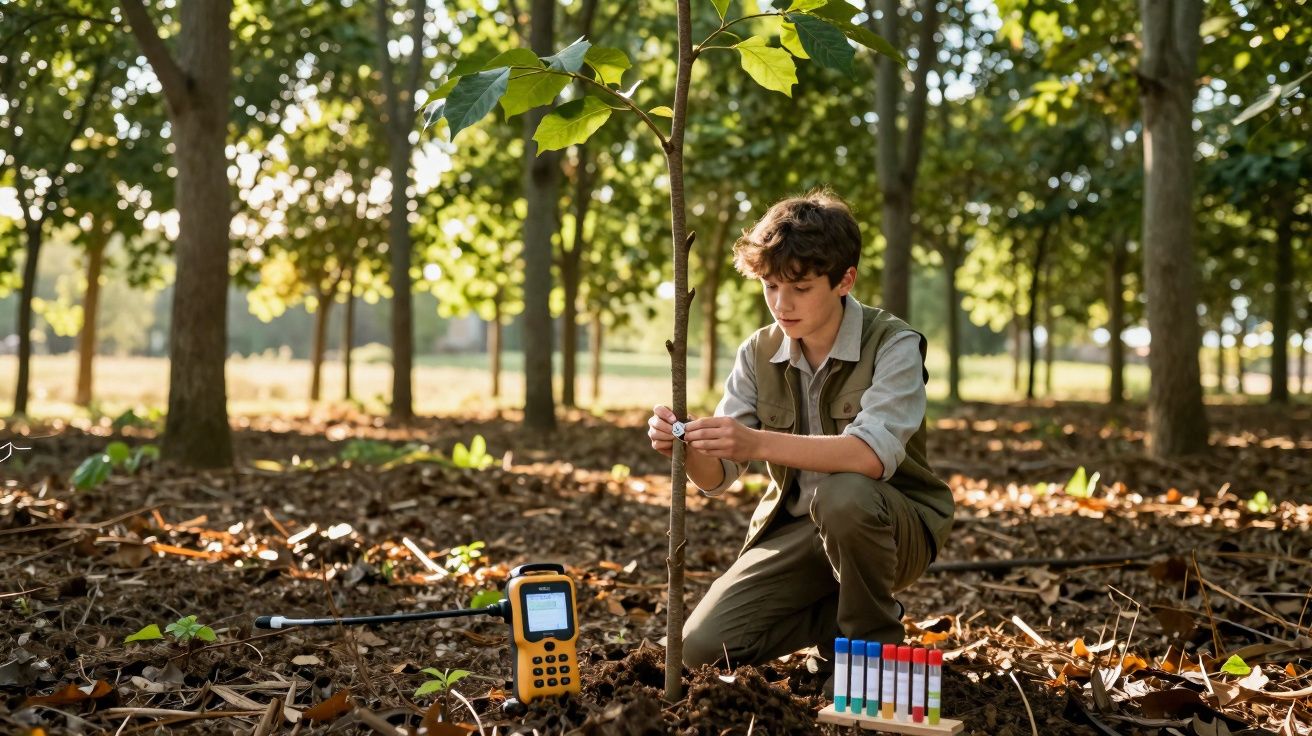 Jovem cientista coleta amostra de solo próximo a árvore em floresta durante dia ensolarado.