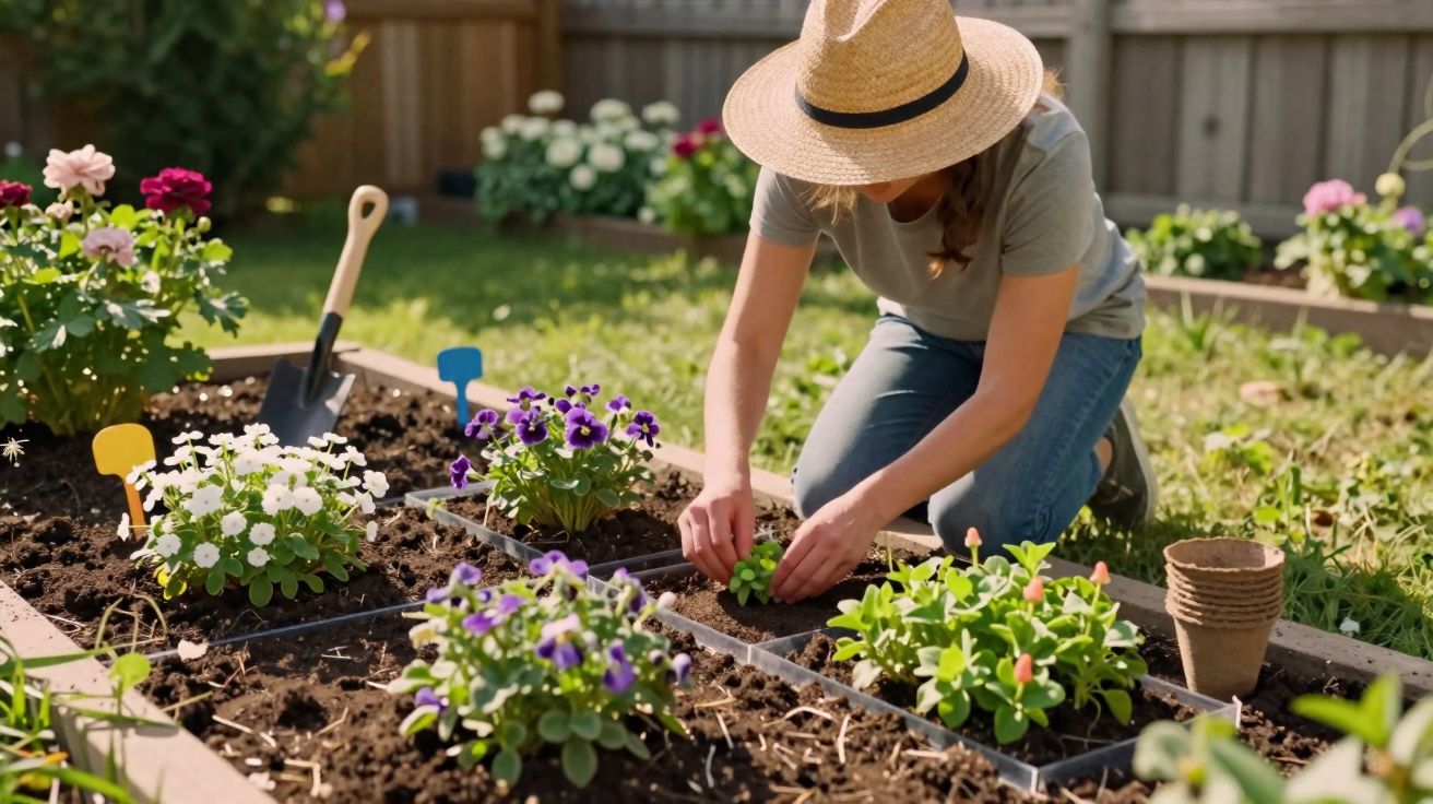 Mulher com chapéu cultivando flores em canteiros organizados em jardim ao ar livre.