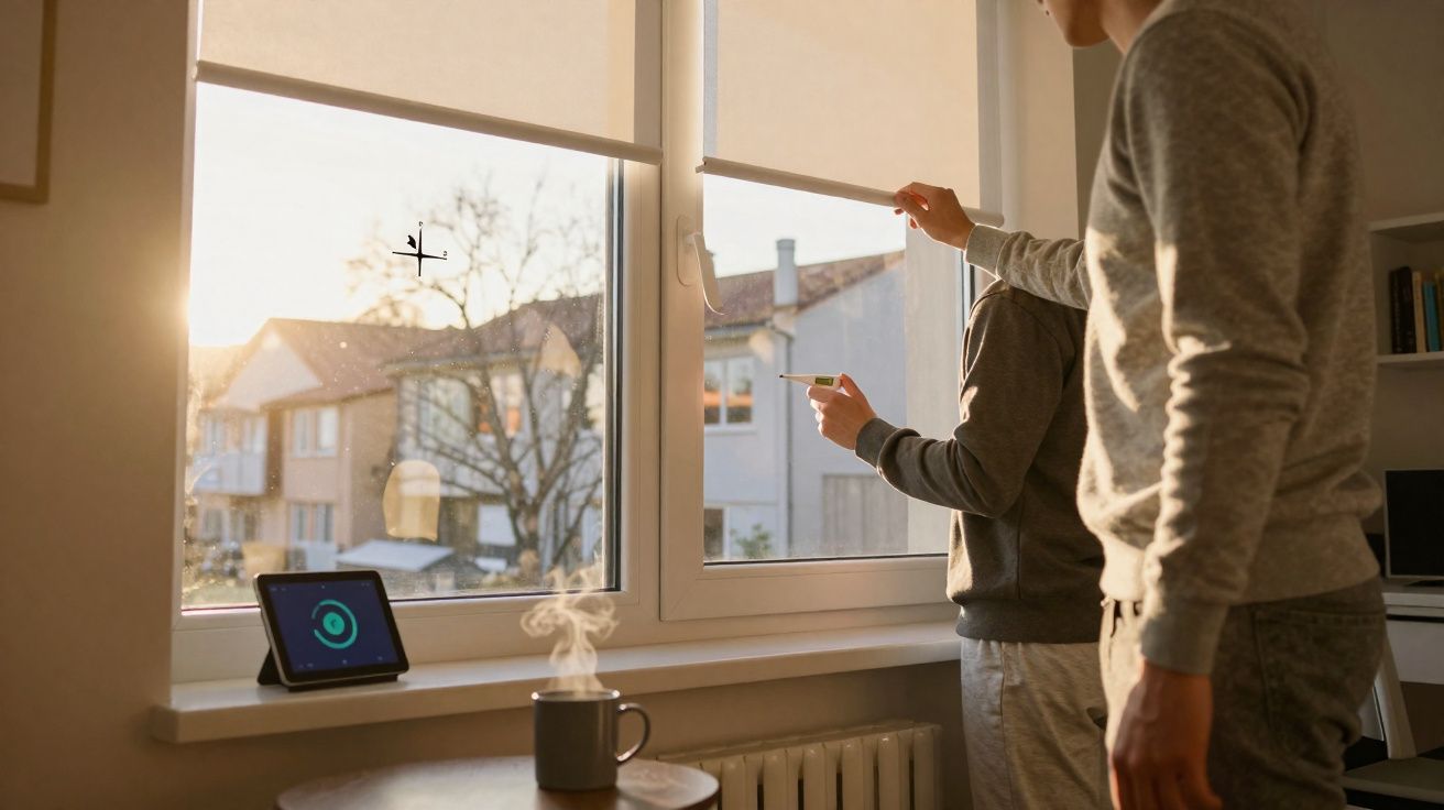 Duas pessoas ajustando a persiana em frente à janela com xícara fumegante na mesa e tablet ao lado.