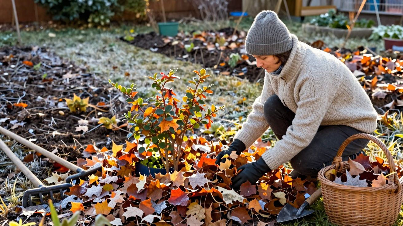 Pessoa com roupa de frio cuidando de planta e recolhendo folhas secas em jardim no outono.