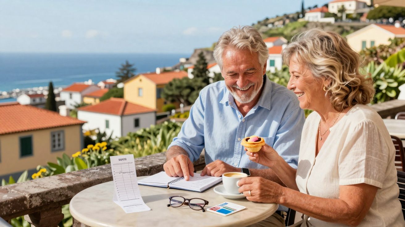 Casal idoso sorrindo enquanto tomam café em mesa externa com vista para casas e o mar ao fundo.