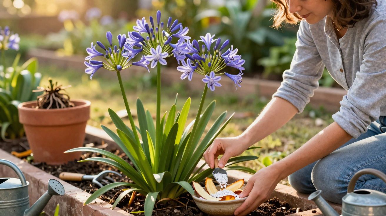Mulher regando flores roxas em jardim com regadores e utensílios de jardinagem ao redor.