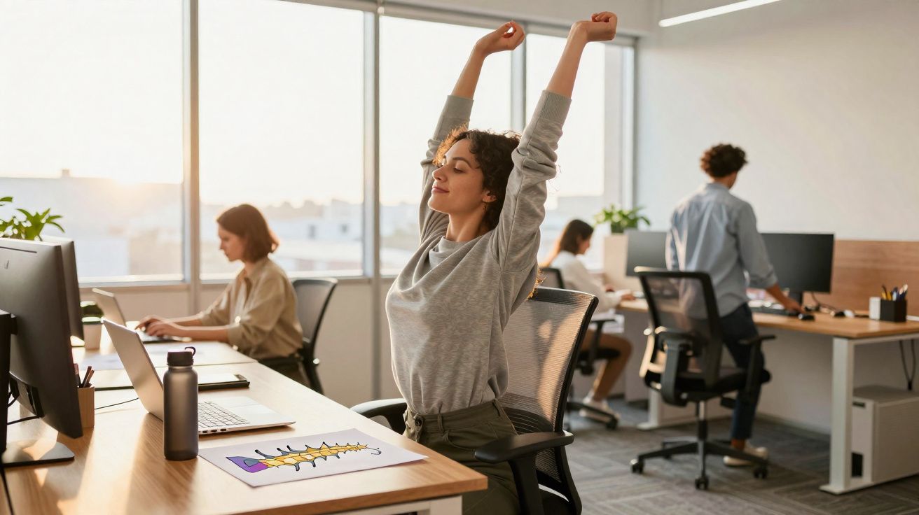 Mulher alongando os braços sentada em cadeira de escritório, com pessoas trabalhando ao fundo.