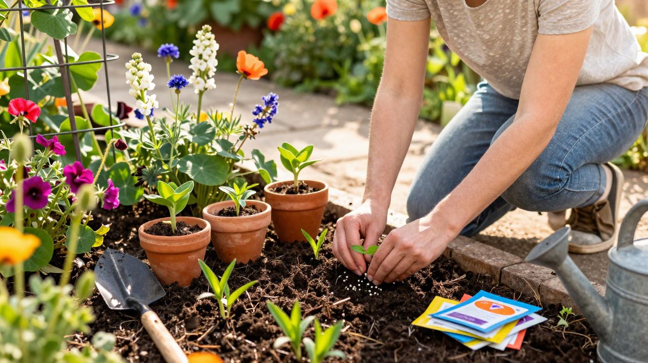 Pessoa plantando mudas em jardim com flores coloridas e vasos de barro ao redor.