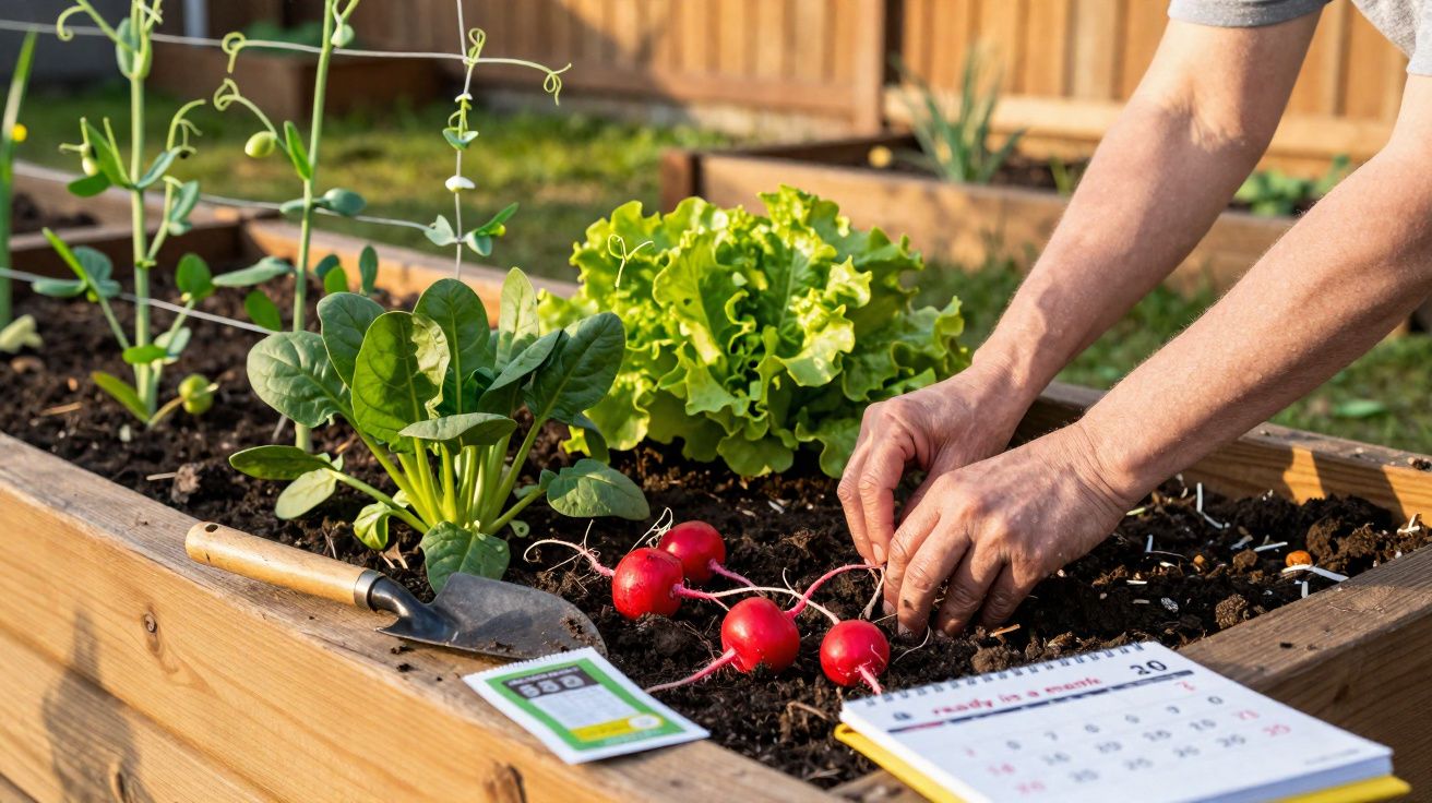 Pessoa colhendo rabanetes em canteiro de madeira com alface e folhas verdes em jardim ao ar livre.