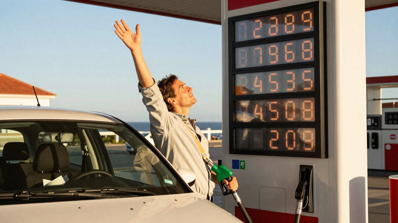 Homem feliz abastecendo carro em posto de gasolina ao pôr do sol com painel de preços ao fundo.