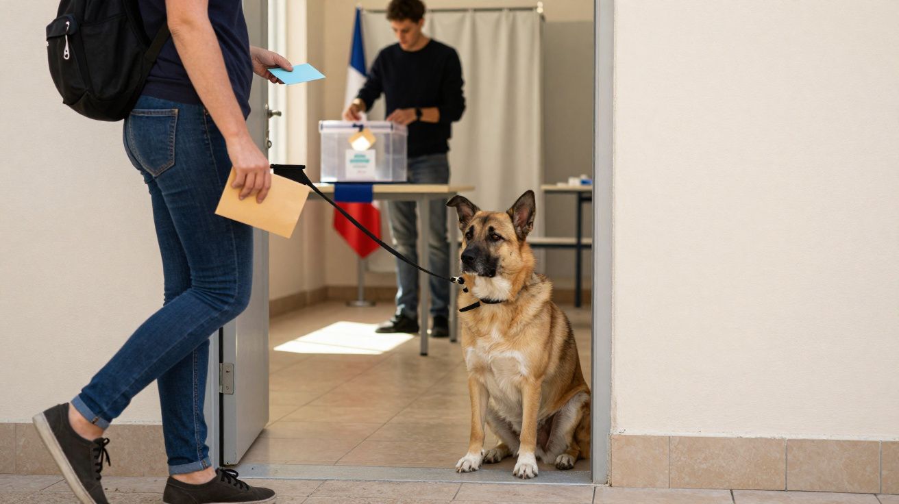 Pessoa com documentos e mochila entra em seção eleitoral, cachorro pastor alemão sentado próximo, homem votando ao fundo.