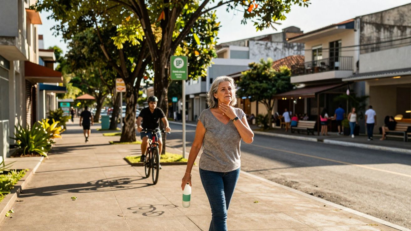 Mulher adulta caminhando na calçada de rua comercial em dia ensolarado, segurando garrafa reutilizável.