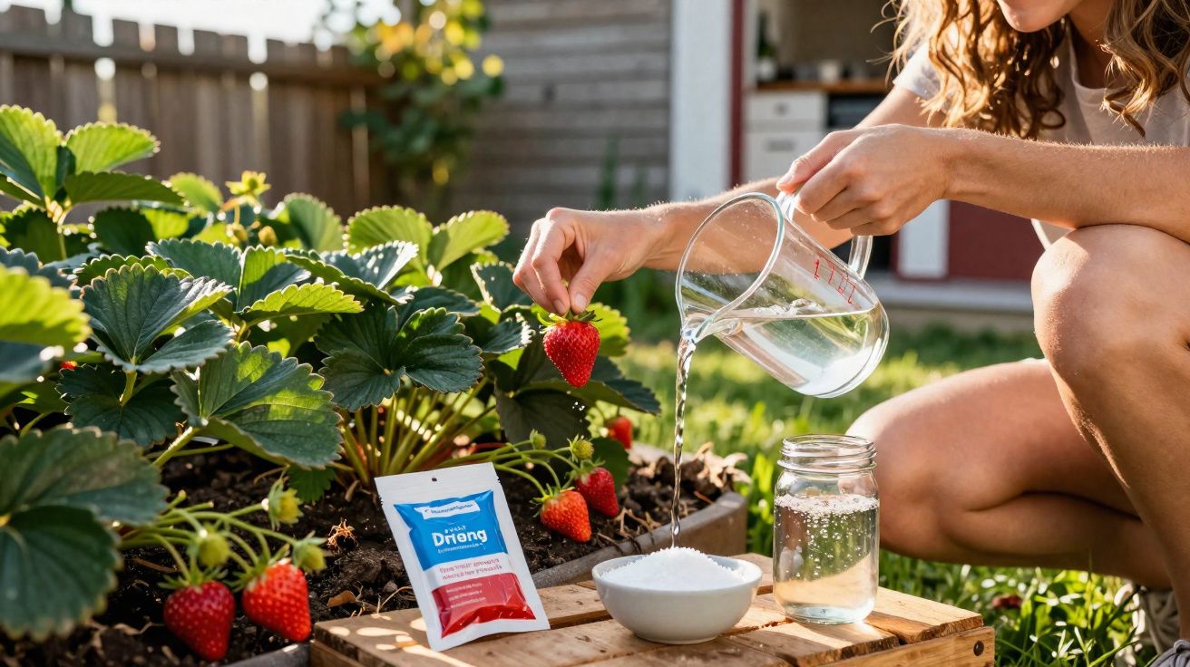 Mulher regando morangos com jarra de água, perto de pacote de adubo e pote com líquido em jardim.