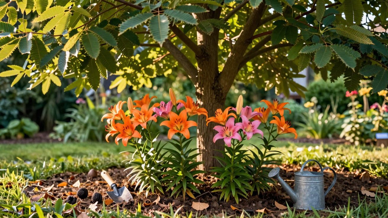 Lírios laranja e rosa florescendo ao redor da base de uma árvore em um jardim ensolarado com regador metálico.