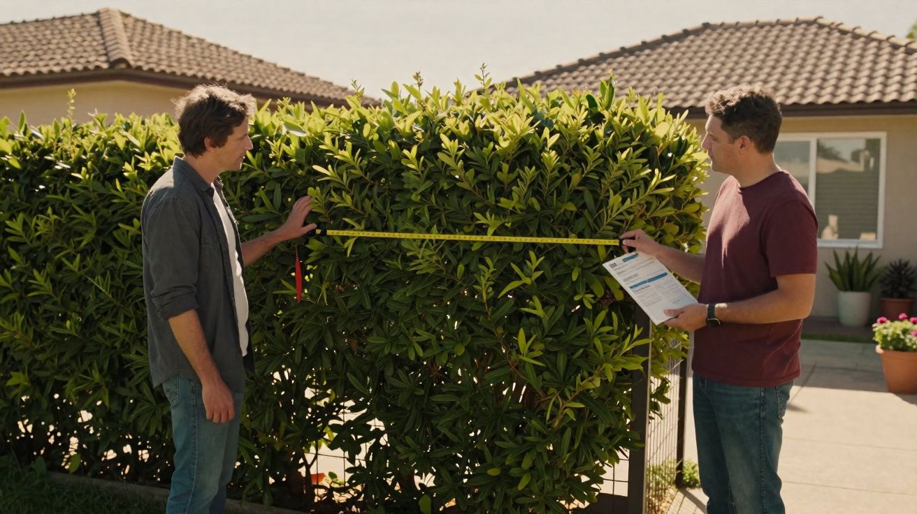 Dois homens medem a largura de uma cerca viva em frente a casas com telhados de cerâmica.