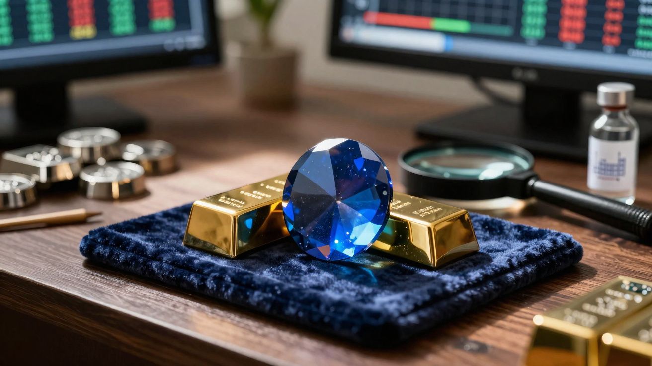 Diamante azul sobre barra de ouro em suporte azul, com tela de computador e lupa ao fundo.