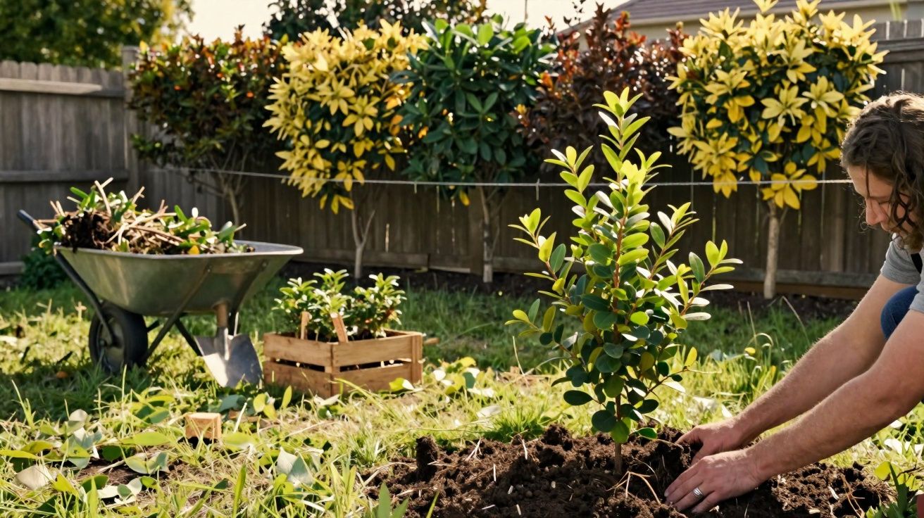 Pessoa plantando muda de arbusto em jardim com carrinho de mão e caixa de madeira ao fundo.