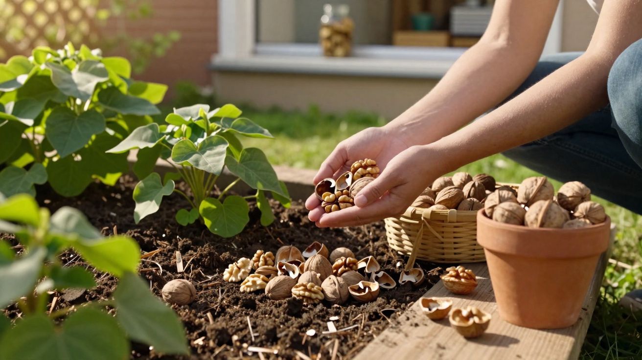 Mãos seguram nozes parcialmente descascadas sobre terra em um jardim com plantas ao fundo.