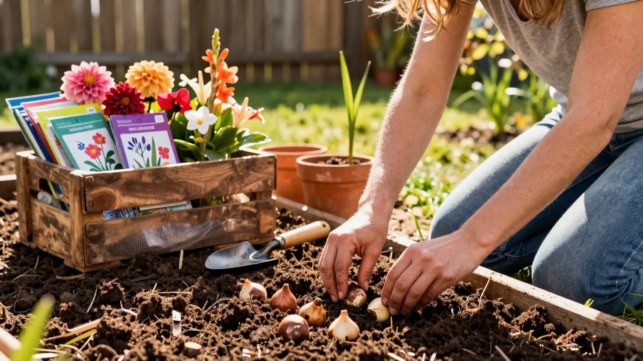 Pessoa plantando bulbos de flores em canteiro de terra com caixa de sementes e flores ao fundo.