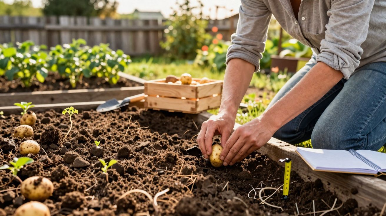 Pessoa plantando batatas em um canteiro de terra, com caderno aberto ao lado e caixas ao fundo.