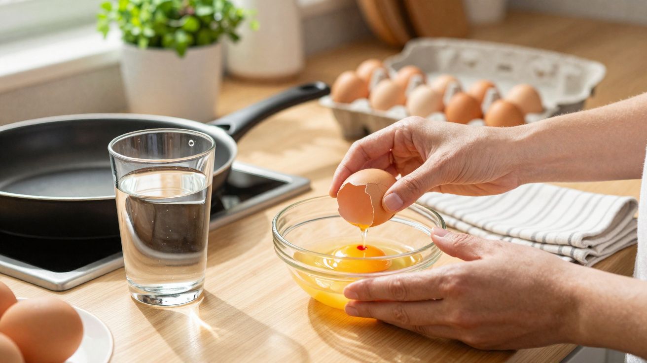 Pessoa quebrando ovo em tigela de vidro sobre bancada com frigideira, copo d’água e caixa de ovos.