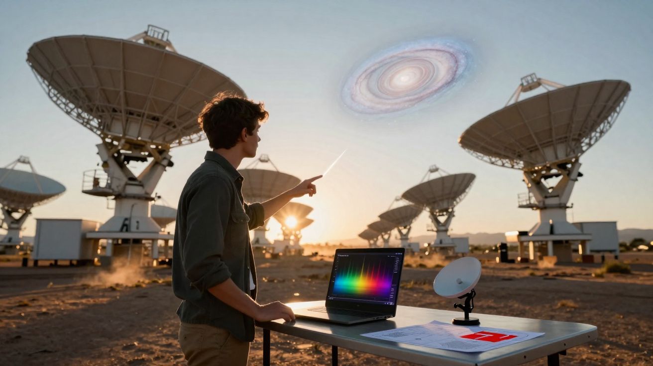 Jovem em estação de radiotelescópios apontando para galáxia simulada no céu, com laptop aberto na mesa.