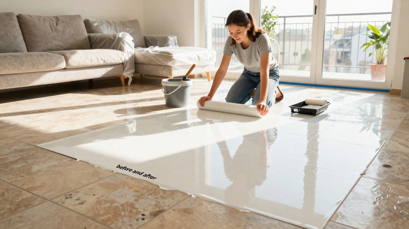 Mulher aplicando resina brilhante sobre piso antigo de azulejos em sala bem iluminada por luz natural.