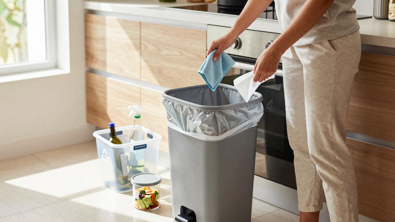 Pessoa descartando pano e papel em lixeira cinza com pedal na cozinha clara e organizada.