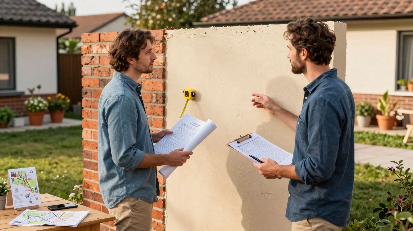 Dois homens medindo parede externa com trena e analisando plantas em área residencial.