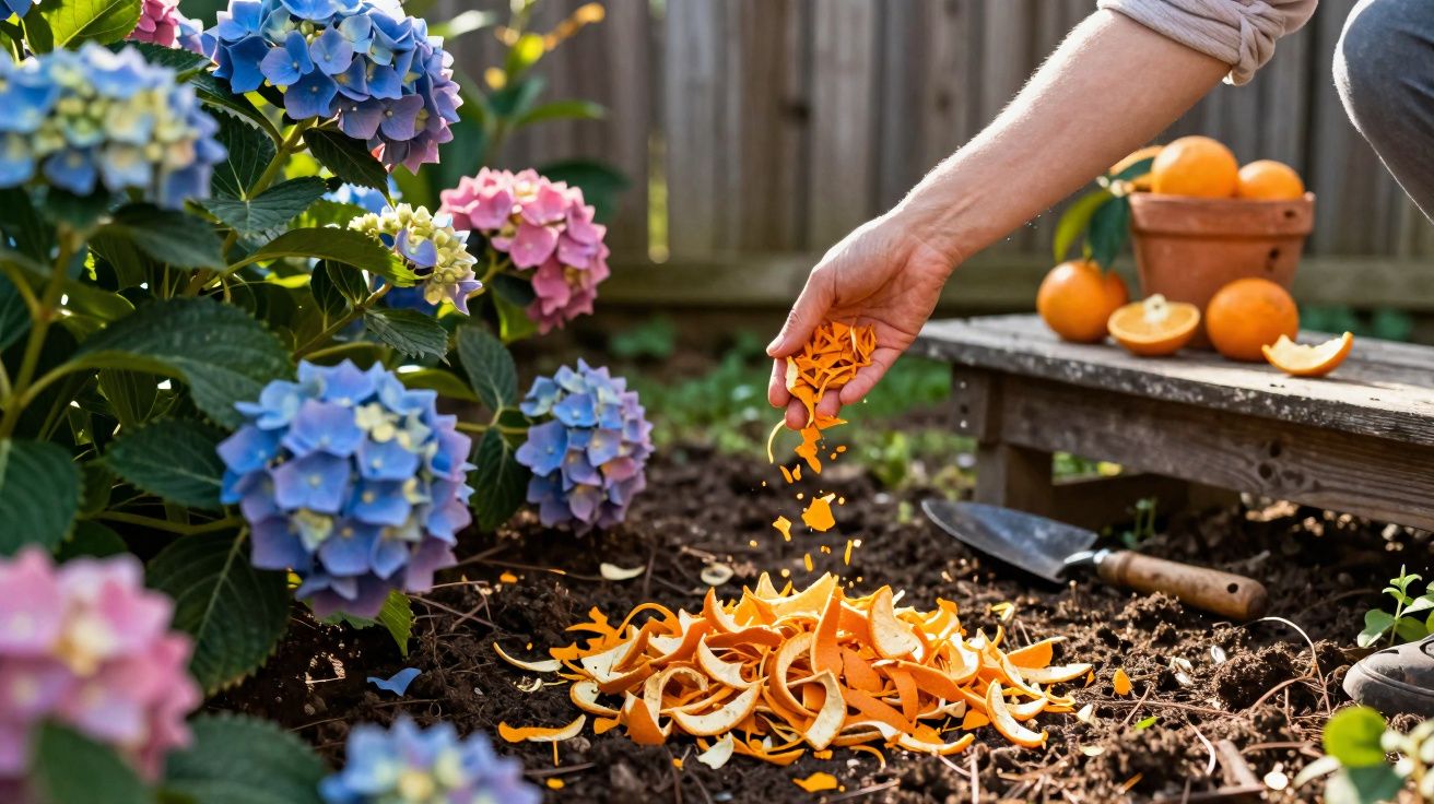 Pessoa colocando cascas de laranja no solo ao lado de flores coloridas em um jardim.