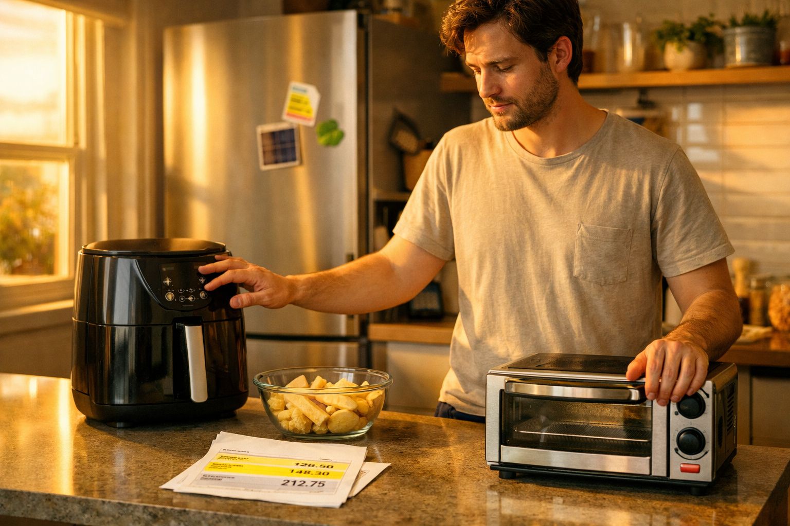 Homem ajusta fritadeira elétrica na cozinha com tigela de pedaços de batata e forno elétrico à sua frente.