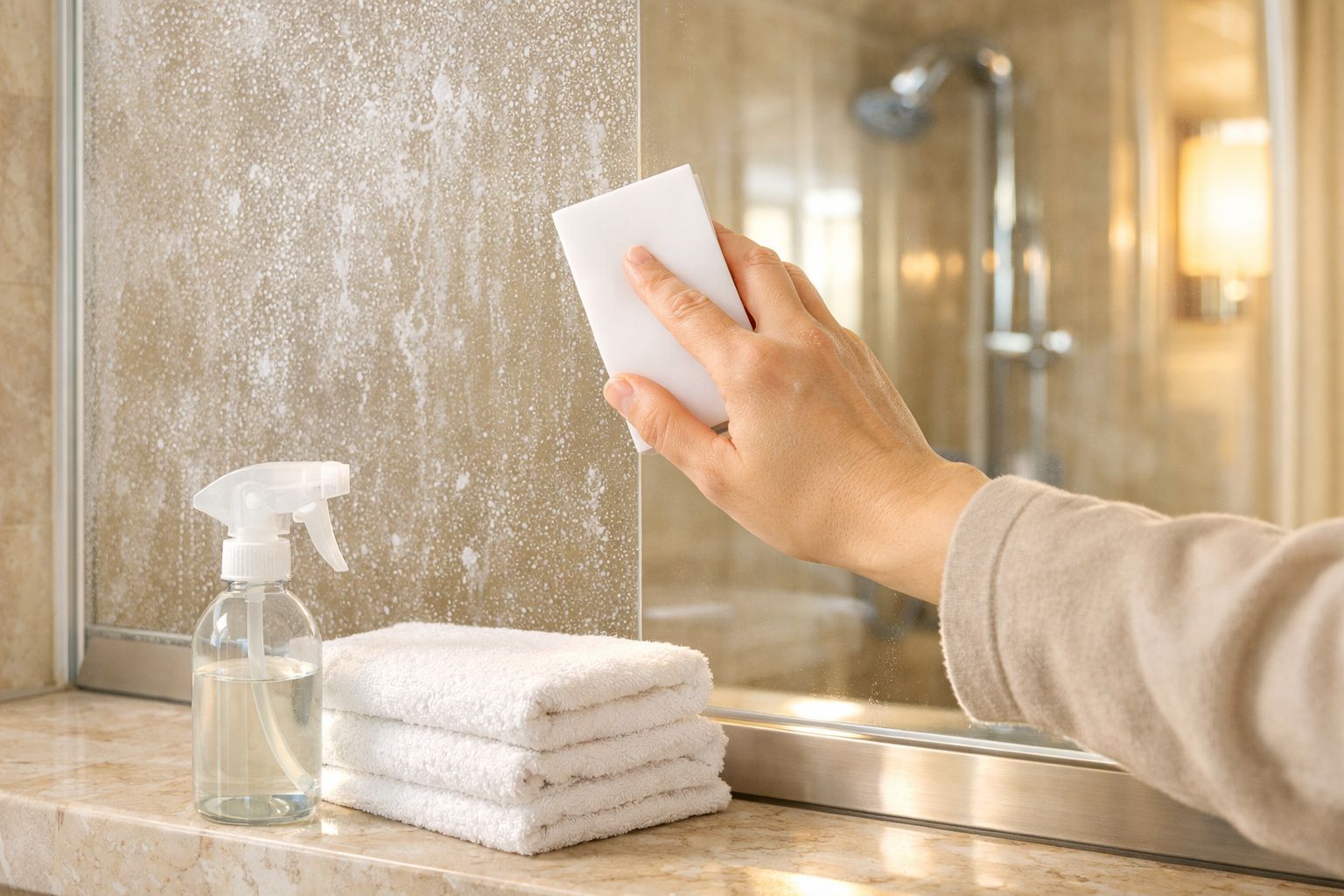 Mão limpa limpando espelho embaçado com esponja branca, com toalhas brancas e borrifador na bancada.
