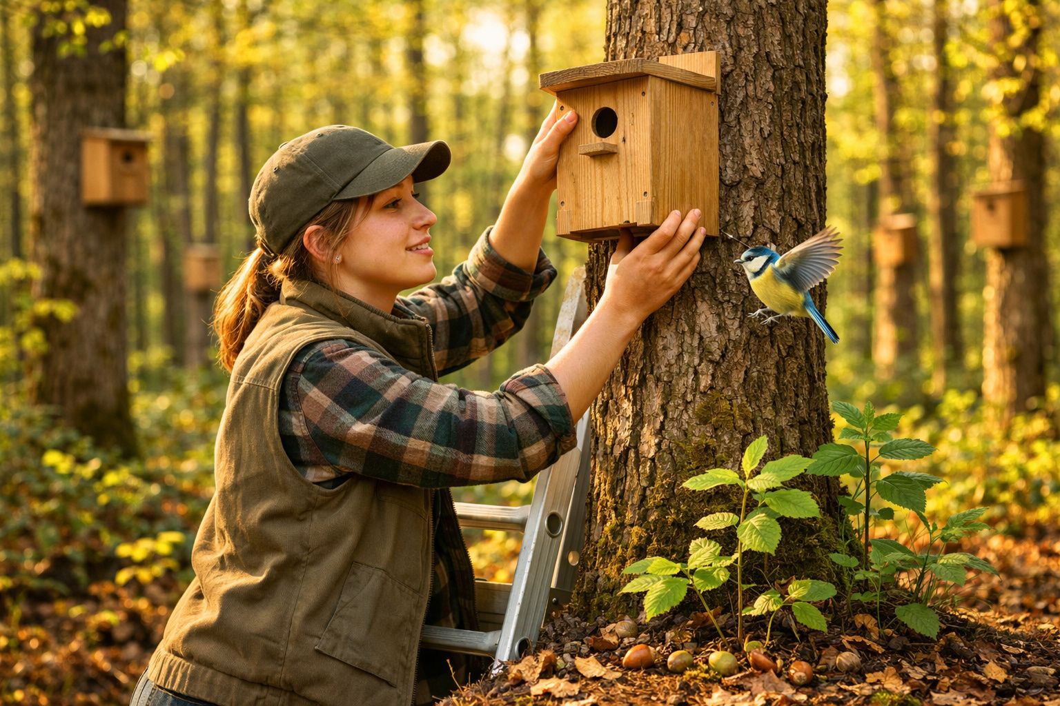 Mulher instalando casa de pássaros em árvore na floresta com pássaro azul próximo voando.