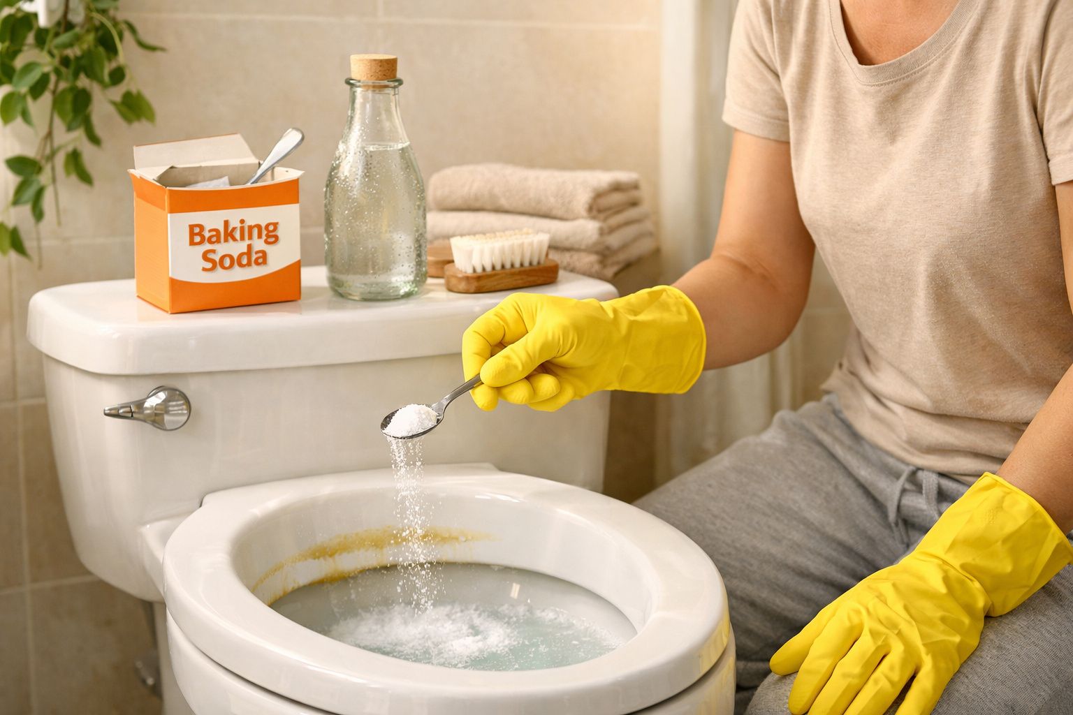 Pessoa usando luvas amarelas colocando bicarbonato de sódio para limpar vaso sanitário branco.