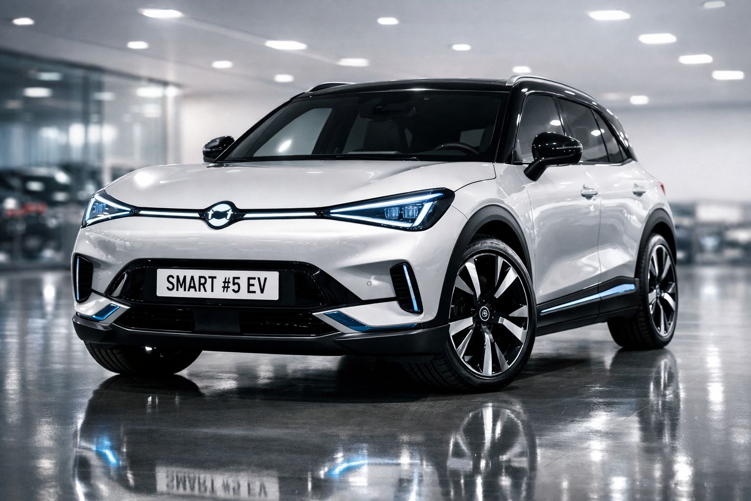 Carro elétrico SUV branco Smart #5 EV estacionado em piso brilhante com fundo desfocado.