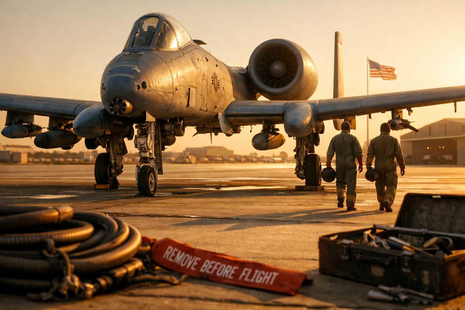 Avião militar em pista ao pôr do sol com dois pilotos caminhando e bandeira americana ao fundo.
