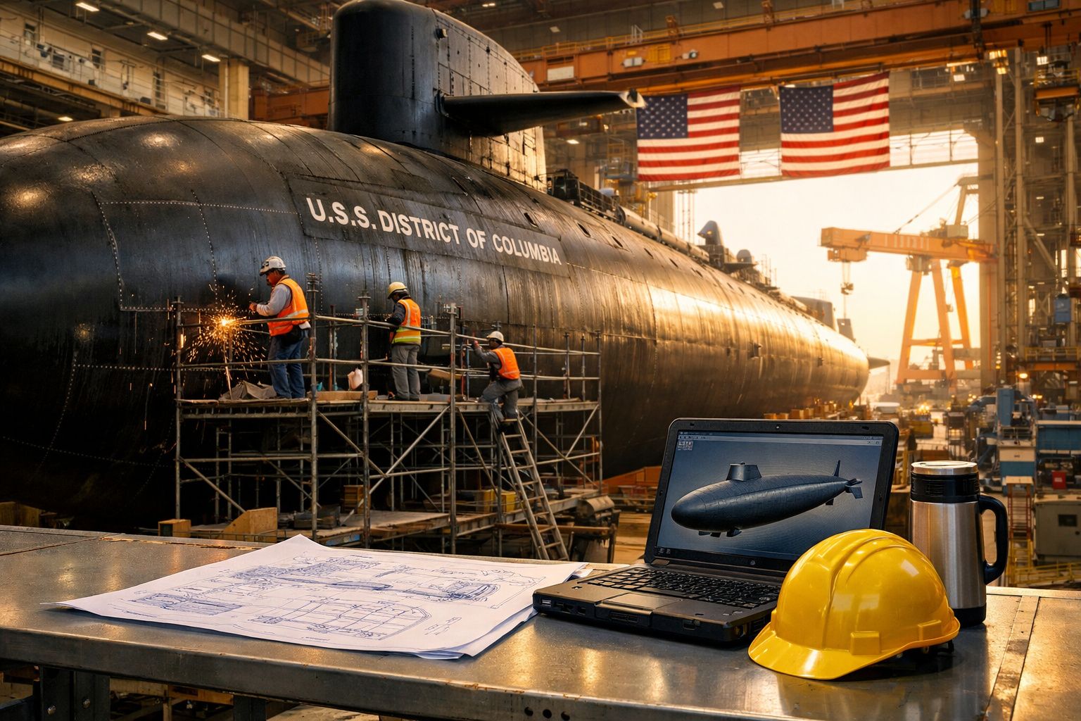 Operários trabalham na construção do submarino USS District of Columbia em estaleiro, com capacete e planta no primeiro plano