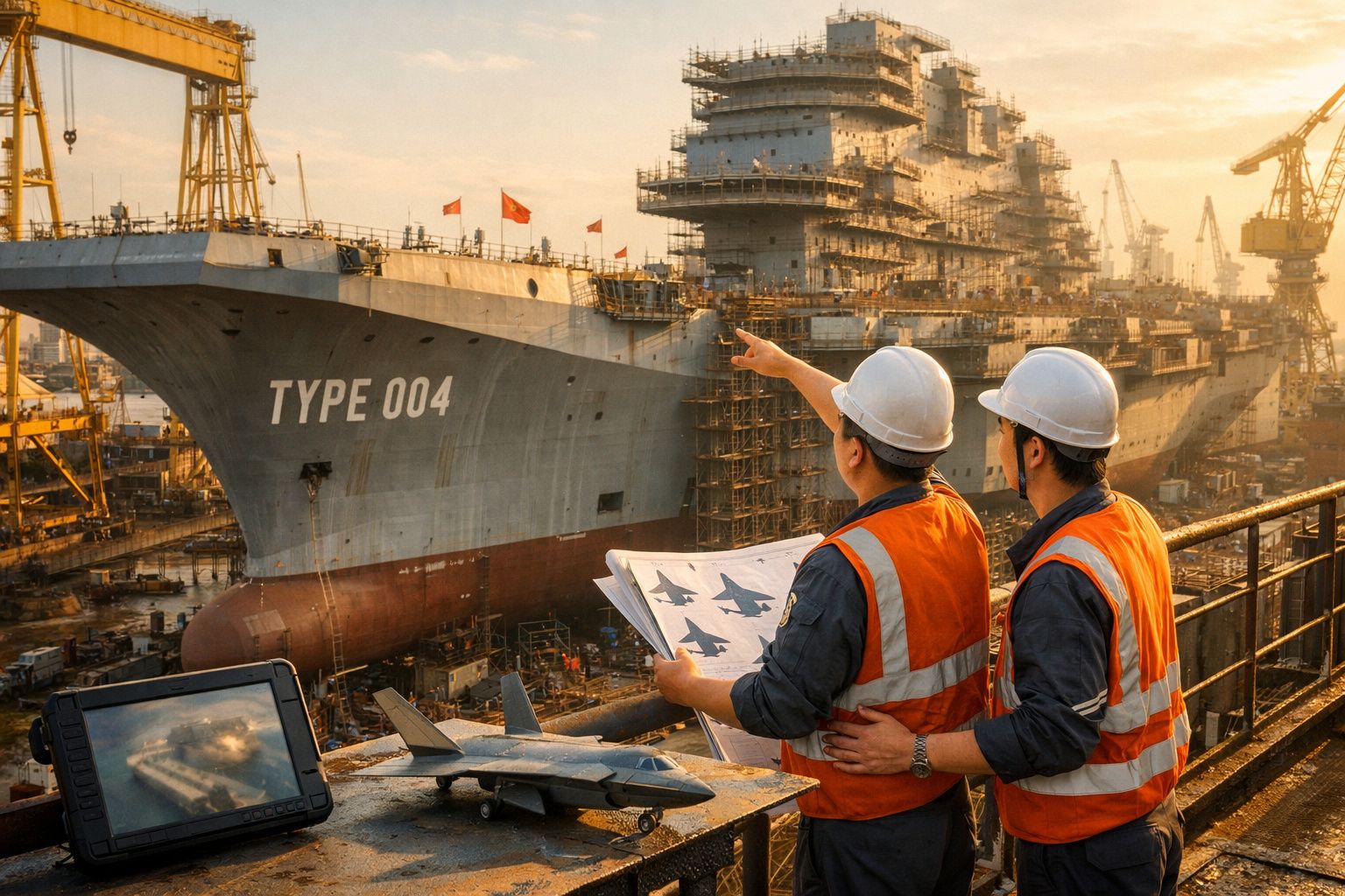 Dois trabalhadores com capacetes e coletes refletores observam e planejam a construção de um grande navio militar em doca.