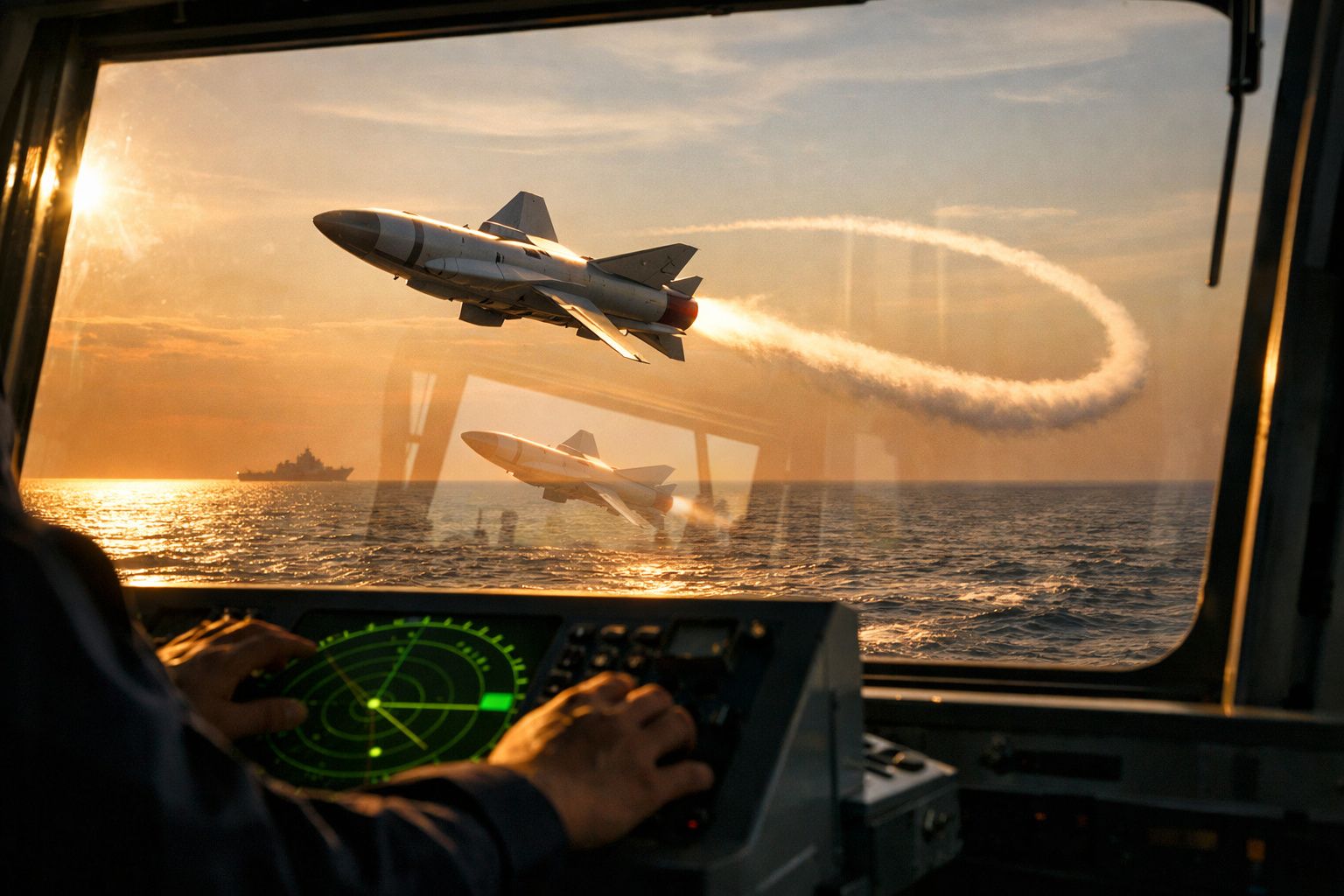 Visão interna de controle naval com radar enquanto mísseis são disparados no mar ao pôr do sol.
