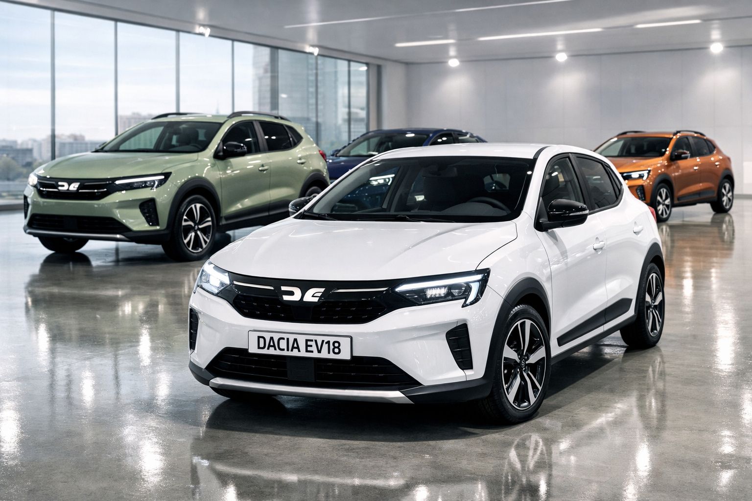 Três carros Dacia EV18 em diferentes cores dentro de showroom moderno e iluminado.