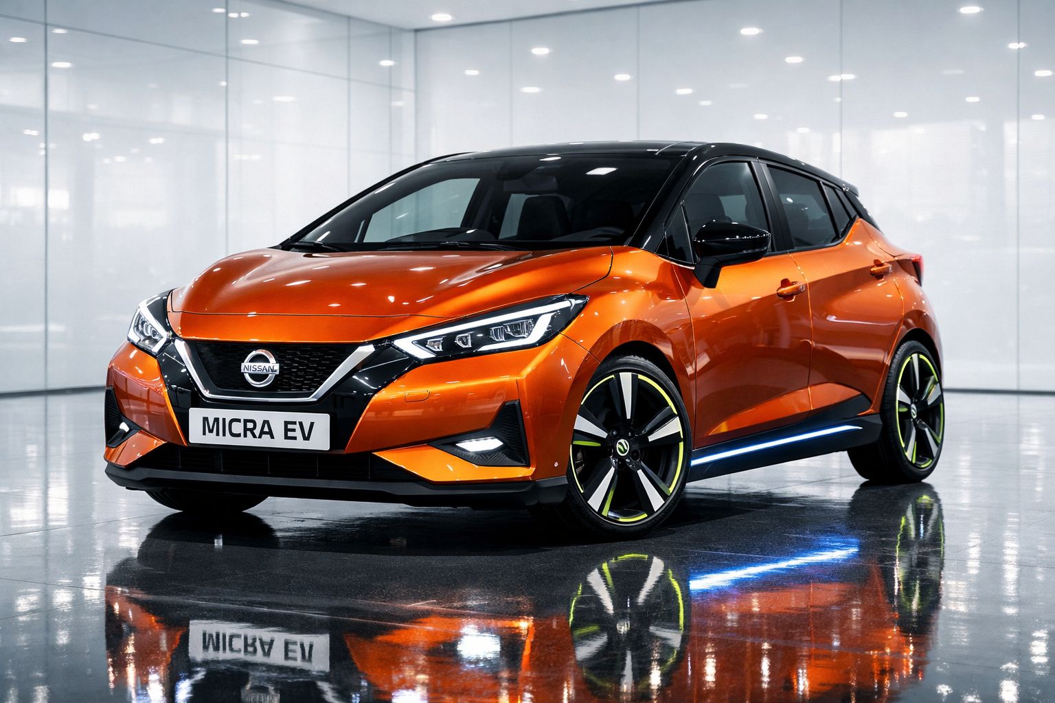 Carro elétrico Nissan Micra EV laranja com teto preto exibido em ambiente interno moderno.