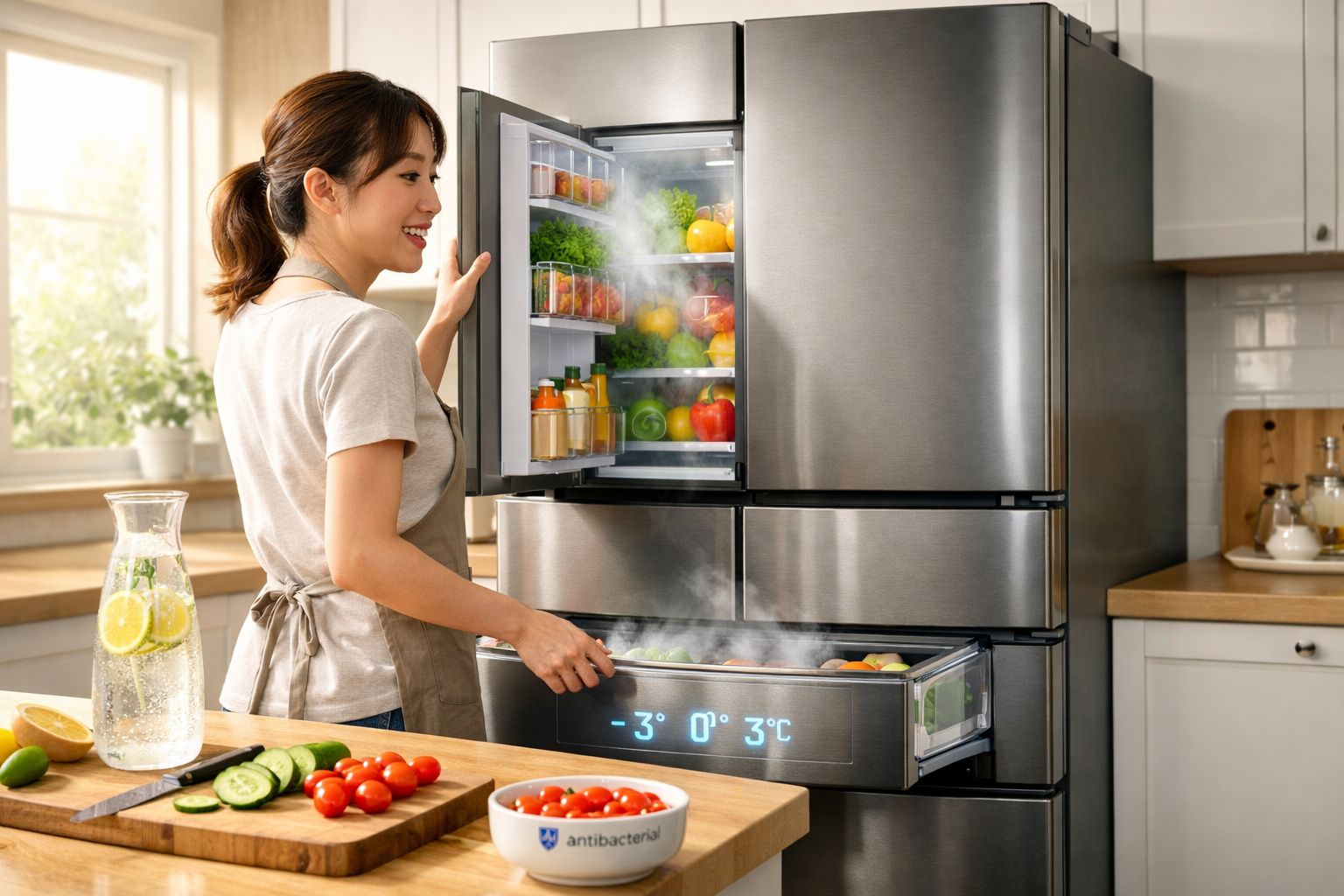 Mulher abrindo geladeira inox cheia de legumes frescos em cozinha iluminada e moderna.
