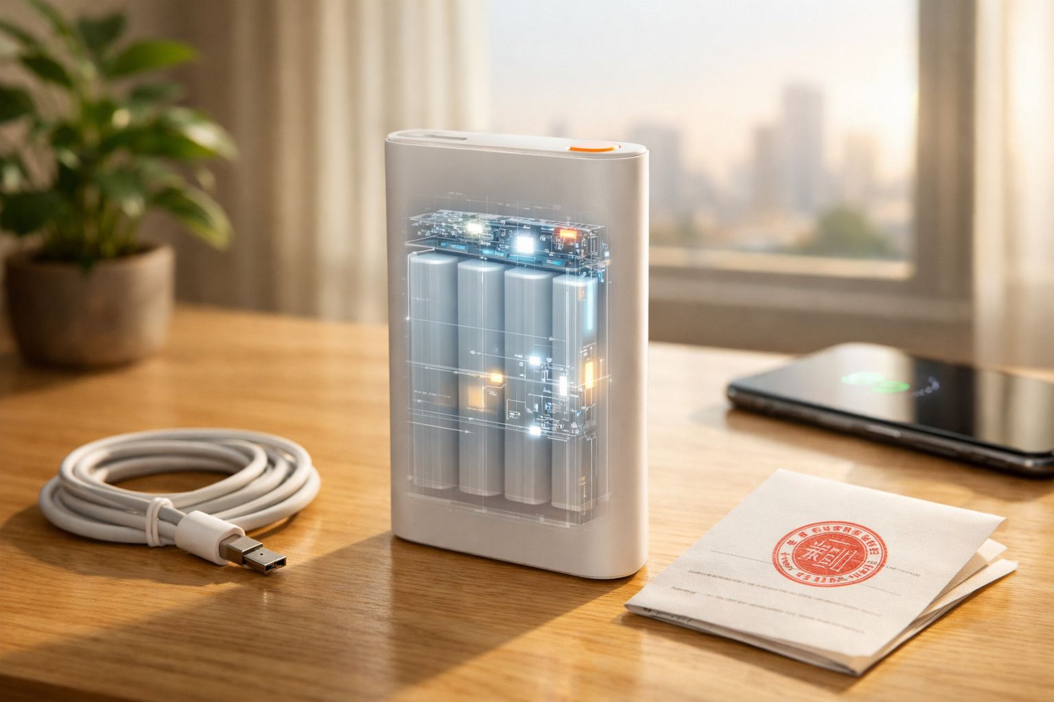 Power bank branco com visualização interna das baterias, cabo USB e celular carregando sobre mesa de madeira.