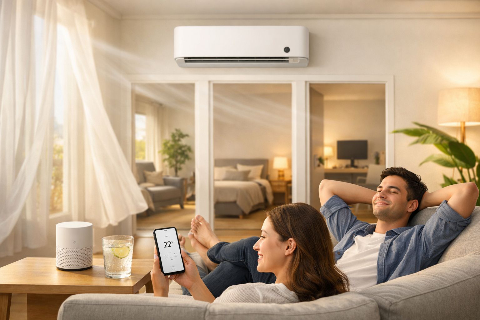Casal relaxando no sofá, controlando ar-condicionado pelo celular em sala iluminada e arejada.