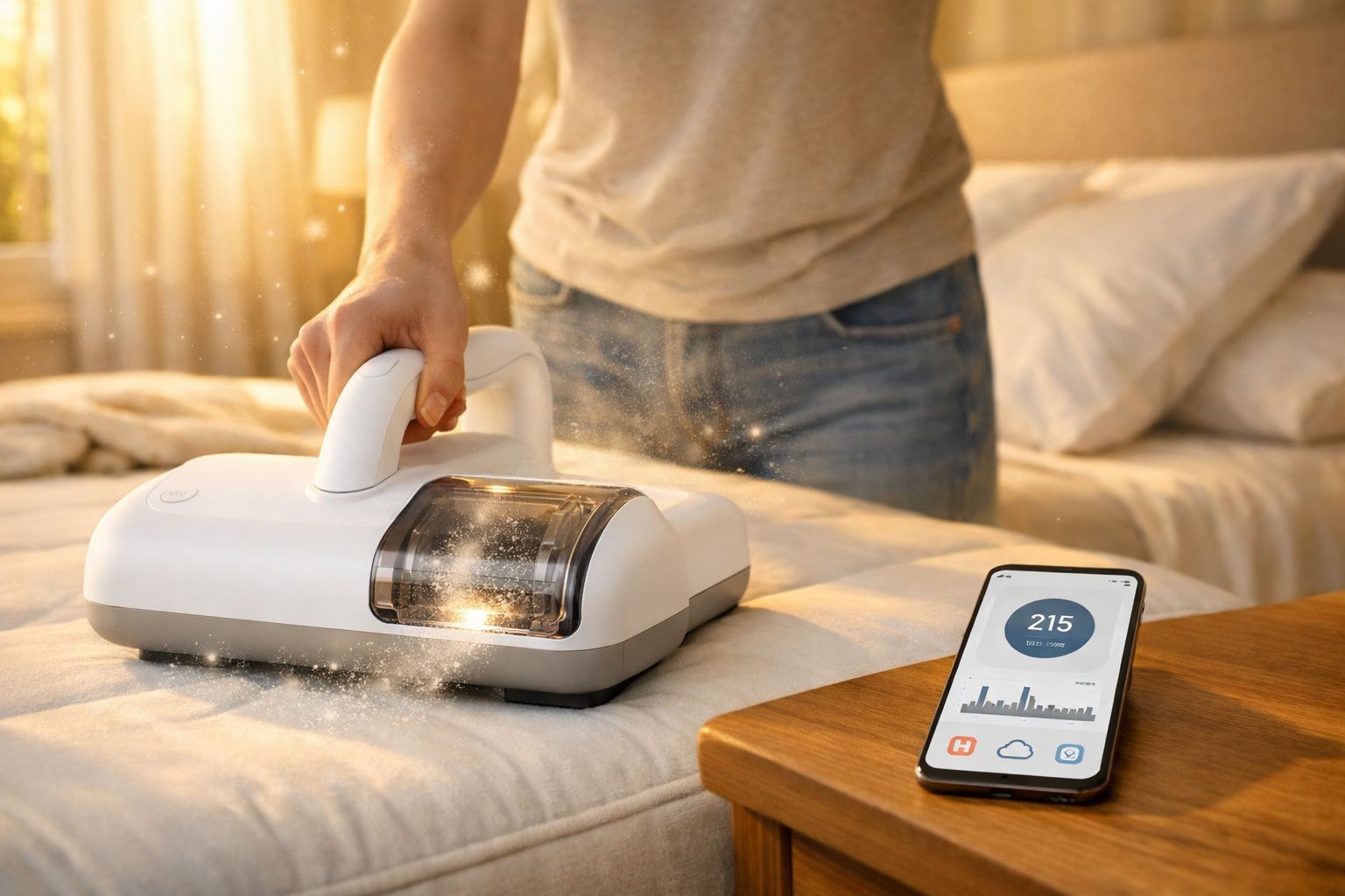 Pessoa usando aspirador portátil branco em colchão ao lado de smartphone com aplicativo aberto.