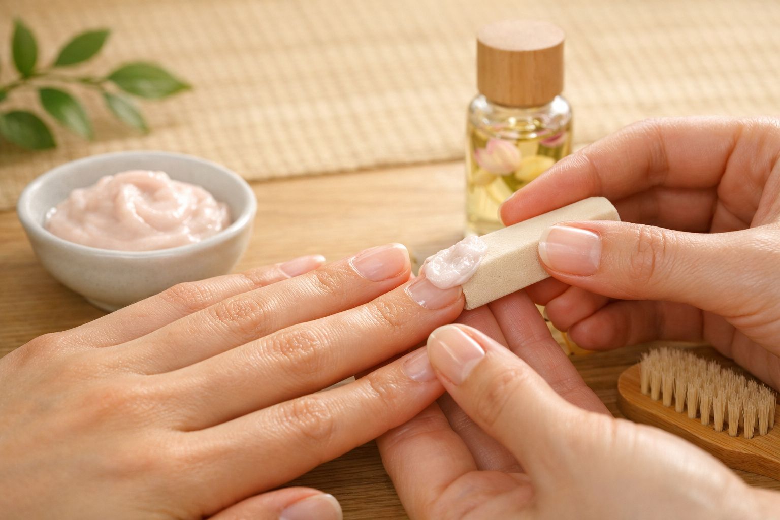 Pessoa aplicando creme nas unhas com lixa, com óleo e creme rosa ao fundo sobre mesa de madeira.