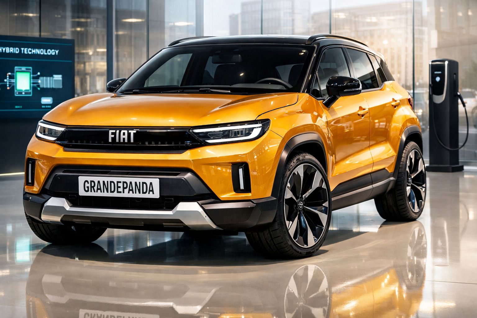 SUV Fiat Grande Panda laranja estacionado em ambiente interno moderno, com tecnologia híbrida exibida ao fundo.