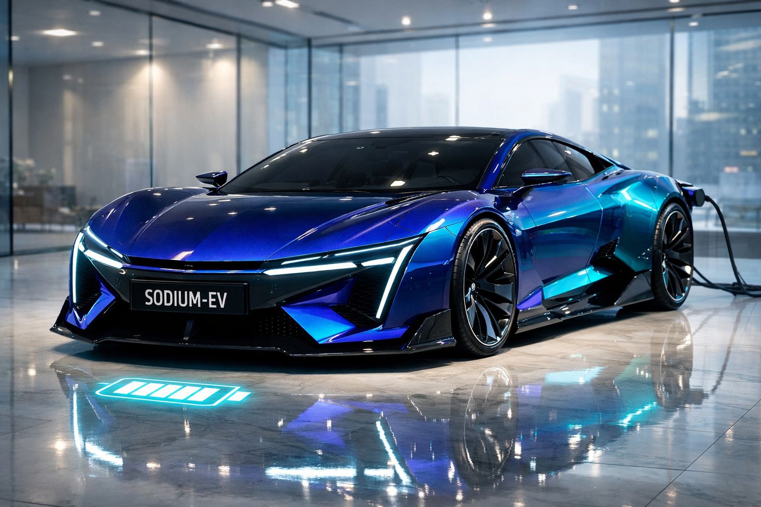 Carro esportivo elétrico azul metálico conectado para recarga em ambiente interno moderno.