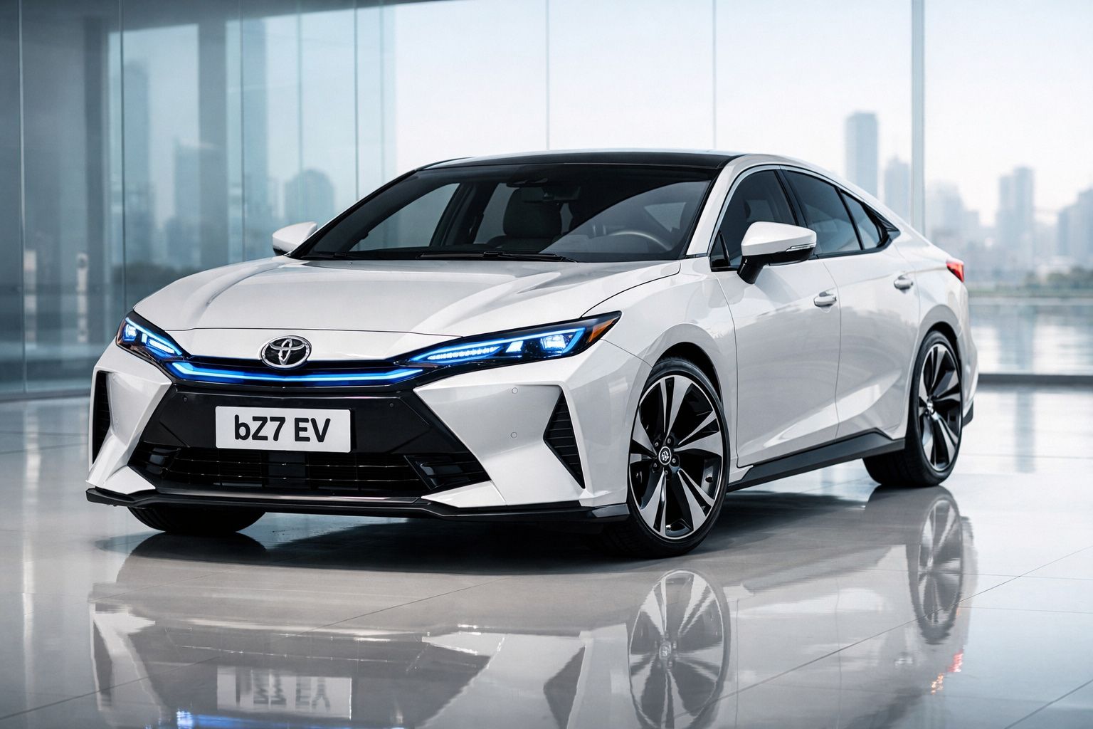Carro elétrico branco Toyota bZ7 EV estacionado em ambiente interno moderno e iluminado.