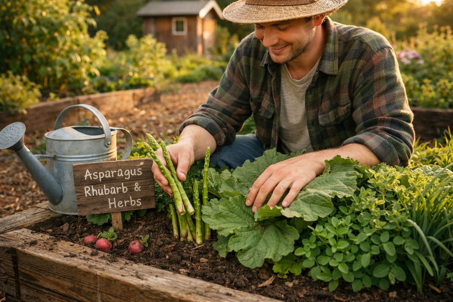 Homem colhendo aspargos frescos em jardim com plantas e regador ao lado em canteiro de madeira.