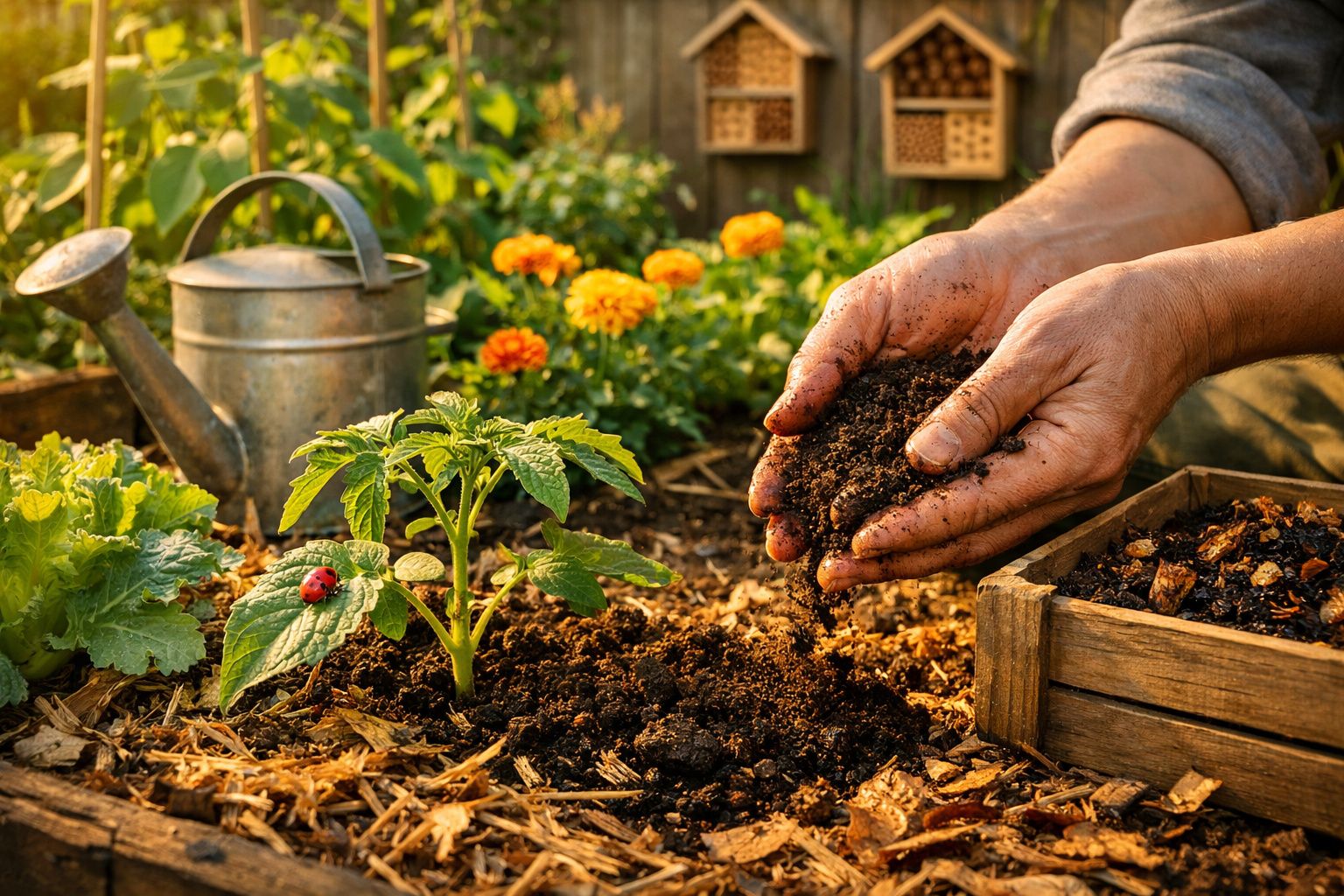 Mãos colocando terra em canteiro com muda de planta, regador e flores ao fundo em jardim.
