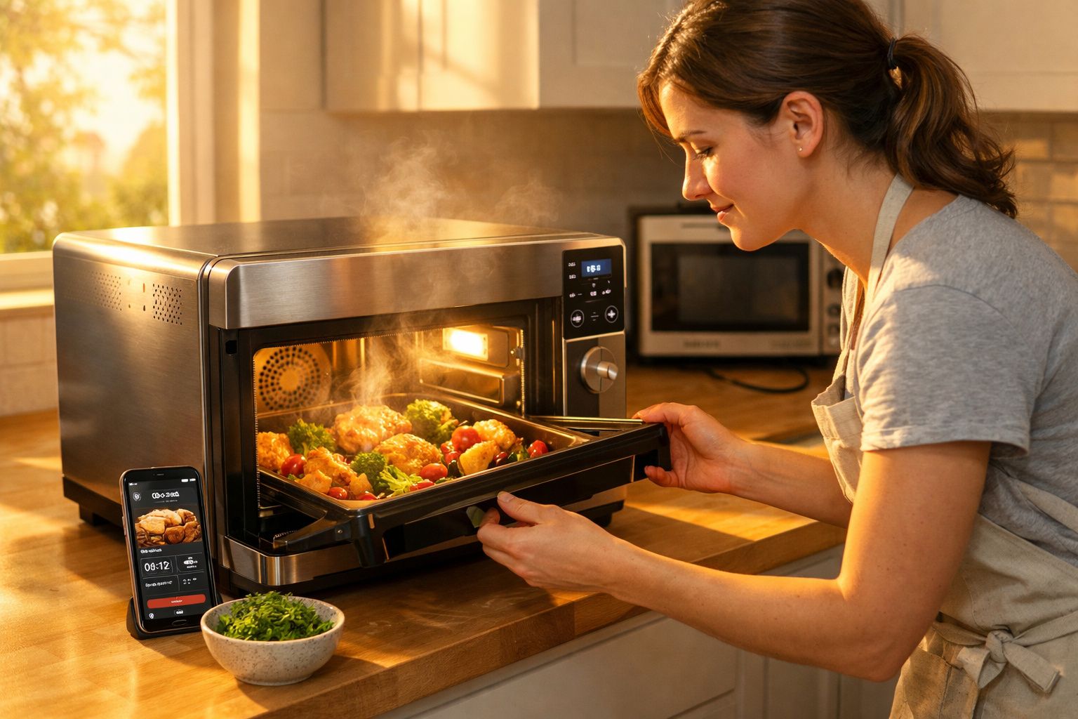 Mulher retirando prato quente e fumegante de forno elétrico em cozinha iluminada pelo sol.